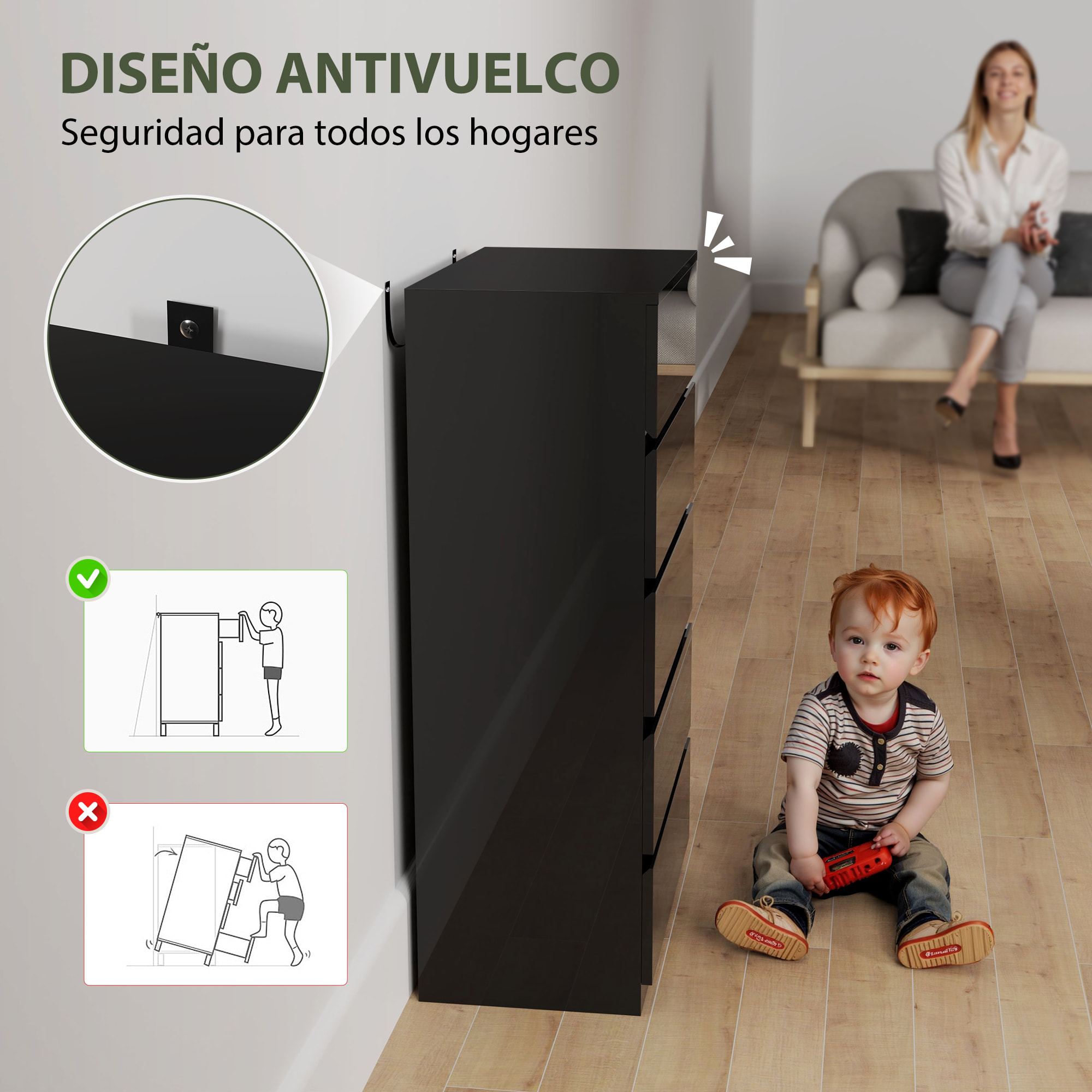 Cómoda con 5 Cajones Cómoda de Dormitorio Moderna con Diseño Anti-vuelco Cajonera para Salón Pasillo 55x34x100 cm Negro Brillo