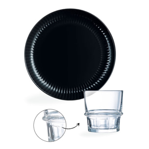 Ensemble de table, assiettes noires Cottage et verres à jus et cocktail 25 cl  - Luminarc