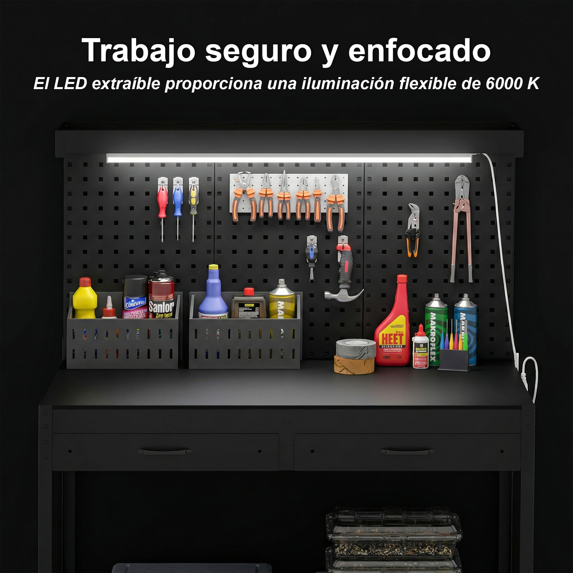 Banco de Trabajo, Carga 272 kg, 110x60x150 cm, Mesa de Trabajo con Tableros Perforados Metálicos, Toma de Corriente, Luces LED, 2 Cajones y Estantes, para Garaje y Taller, Negro