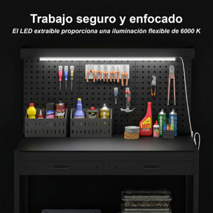 Banco de Trabajo, Carga 272 kg, 110x60x150 cm, Mesa de Trabajo con Tableros Perforados Metálicos, Toma de Corriente, Luces LED, 2 Cajones y Estantes, para Garaje y Taller, Negro
