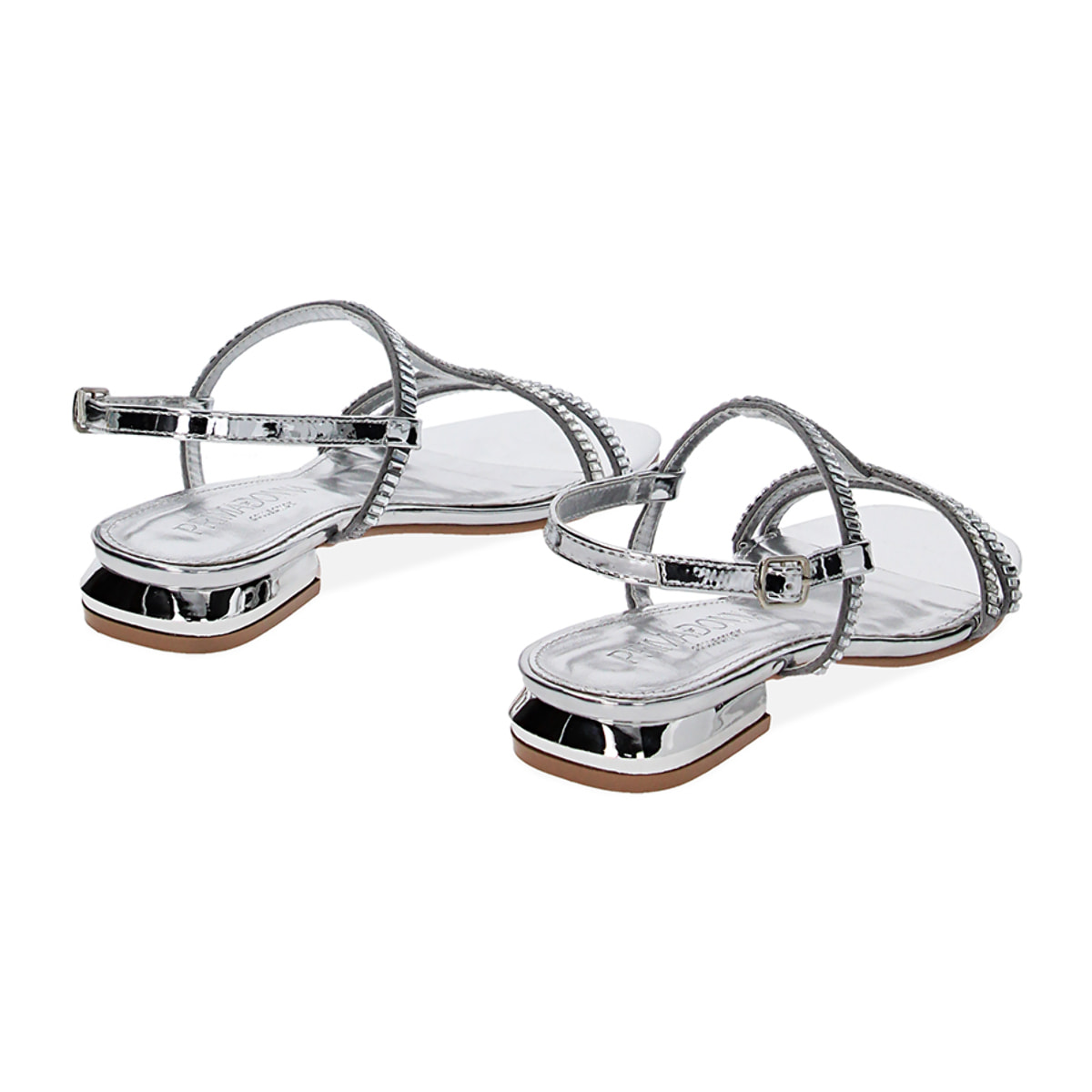 Sandalias bajas plateadas de espejo con piedras
