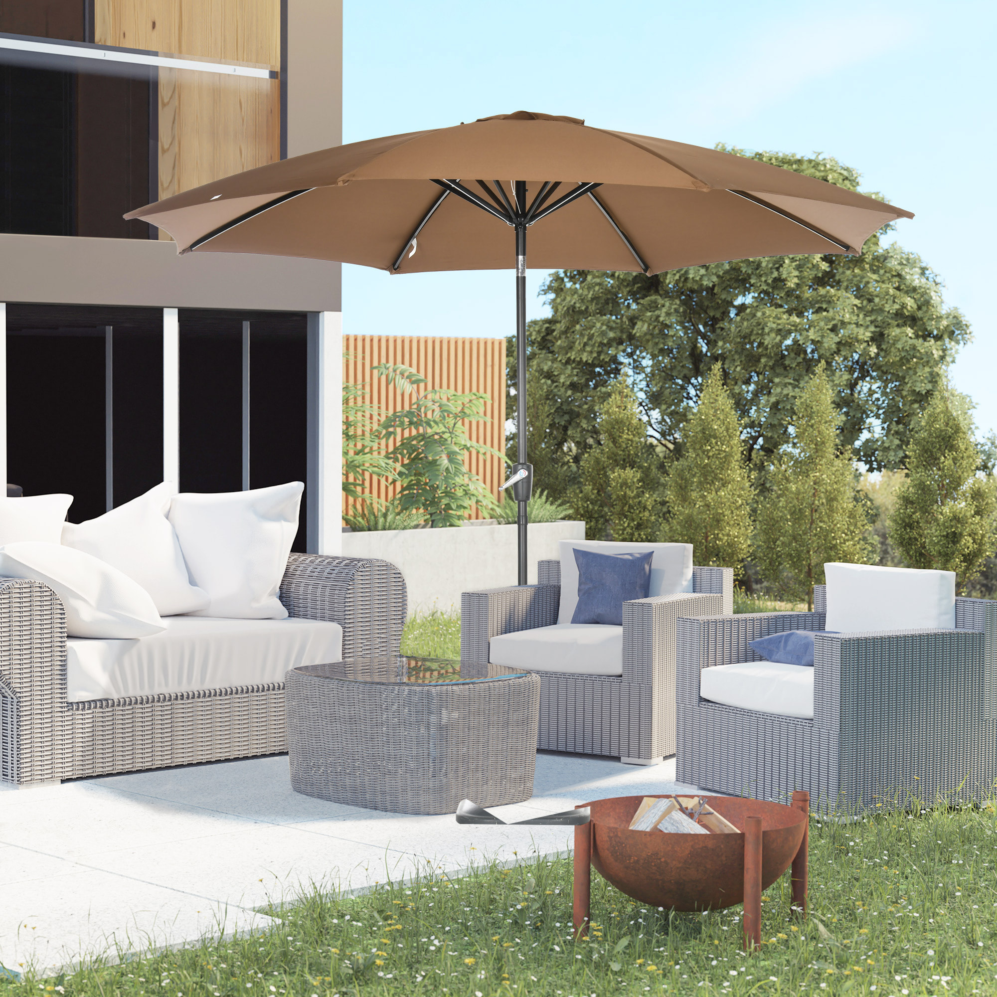 Sombrilla de Jardín Ø300x240 cm Parasol de Terraza con Manivela Techo Inclinable y 8 Varillas de Metal para Patio Balcón Exterior Marrón