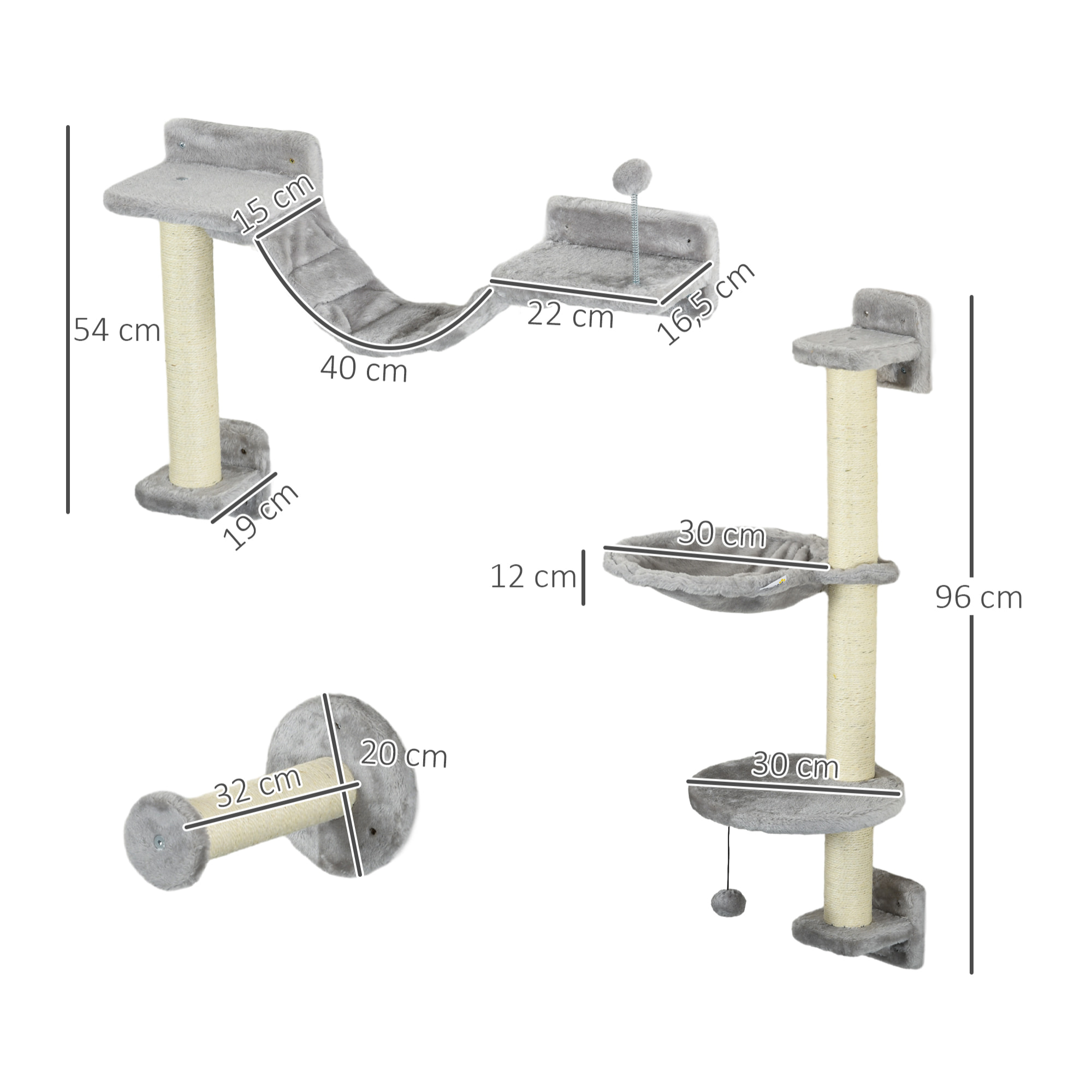 Estante de Escalada para Gatos de Pared Juego de Estantes para Gatos 4 Piezas con Hamaca Bola Plataformas para Saltar Poste de Sisal y Escalera 84,5x19x54 cm Gris y Beige