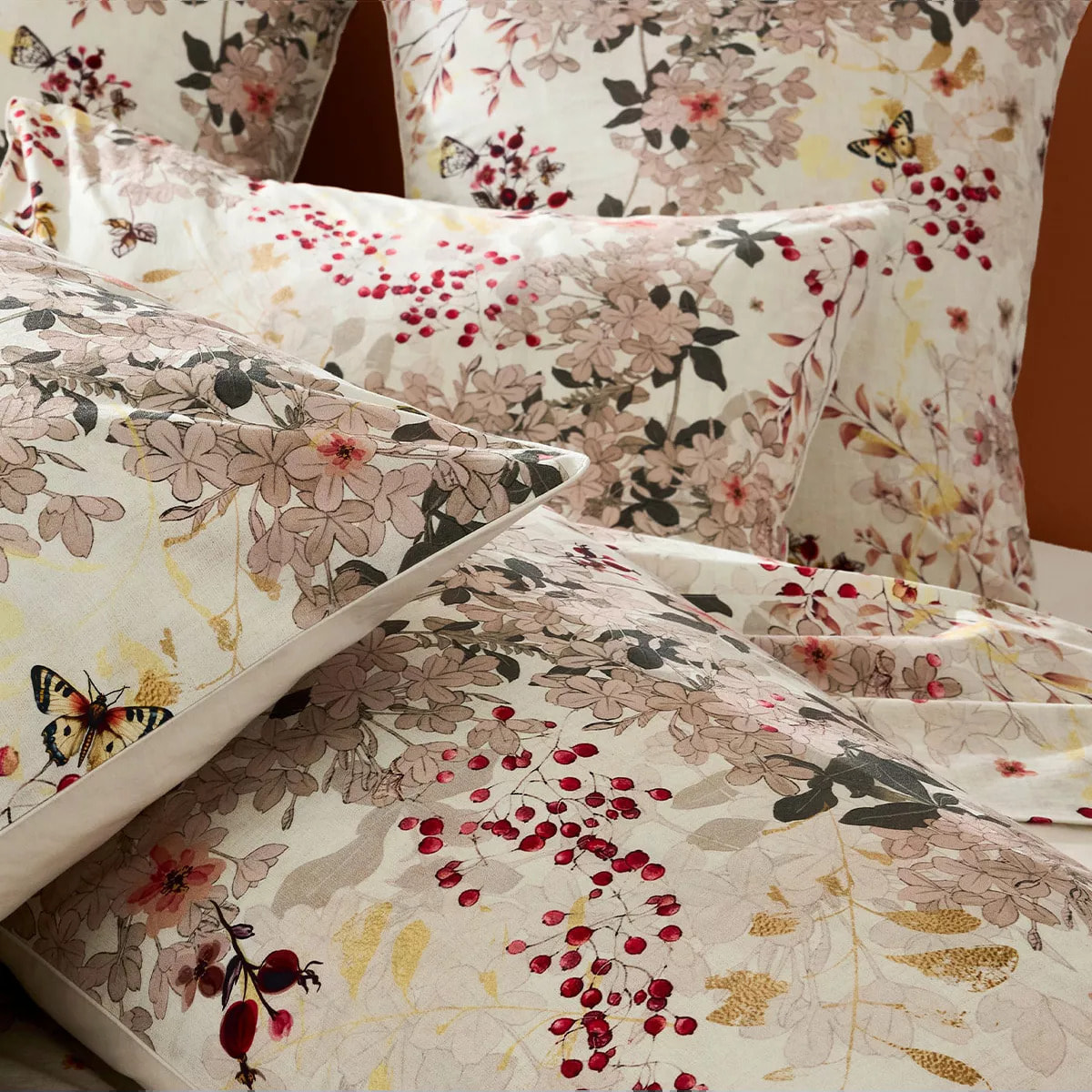 Lot de 2 taies percale de coton lavé 115 g/m² imprimé beige bordeaux Vintage flowers cranberry
