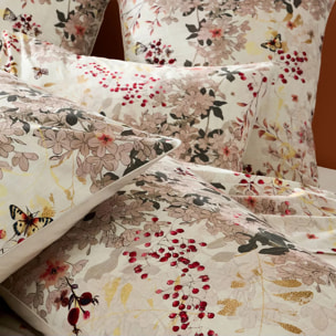 Lot de 2 taies percale de coton lavé 115 g/m² imprimé beige bordeaux Vintage flowers cranberry