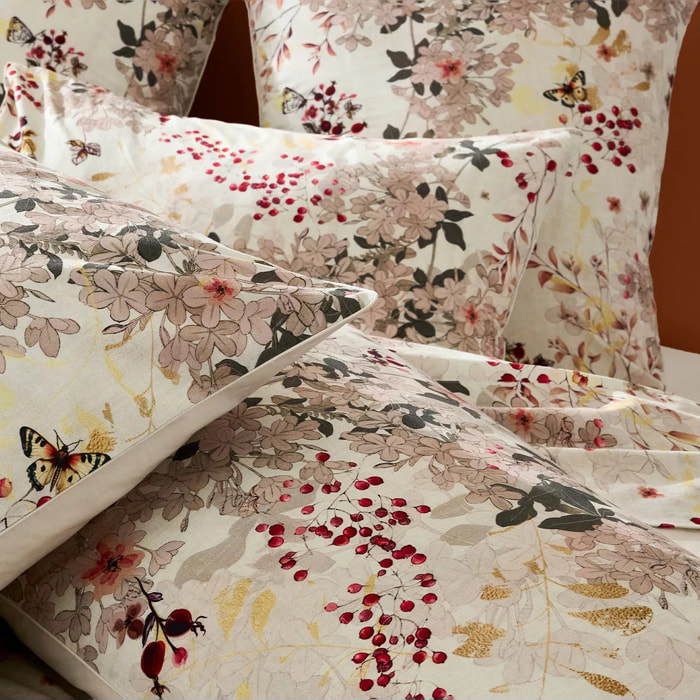 Lot de 2 taies percale de coton lavé 115 g/m² imprimé beige bordeaux Vintage flowers cranberry
