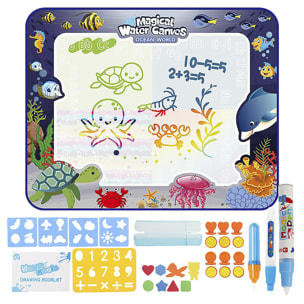 Lavagna per bambini per disegnare con acqua di 100x80cm. Design marino. Include 3 pennarelli ad acqua, 4 modelli di disegno, 1 modello di matematica, 6 timbri di forma, 1 scatola e 8 figure EVA.