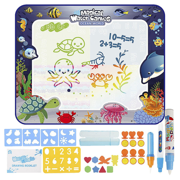 Lavagna per bambini per disegnare con acqua di 100x80cm. Design marino. Include 3 pennarelli ad acqua, 4 modelli di disegno, 1 modello di matematica, 6 timbri di forma, 1 scatola e 8 figure EVA.