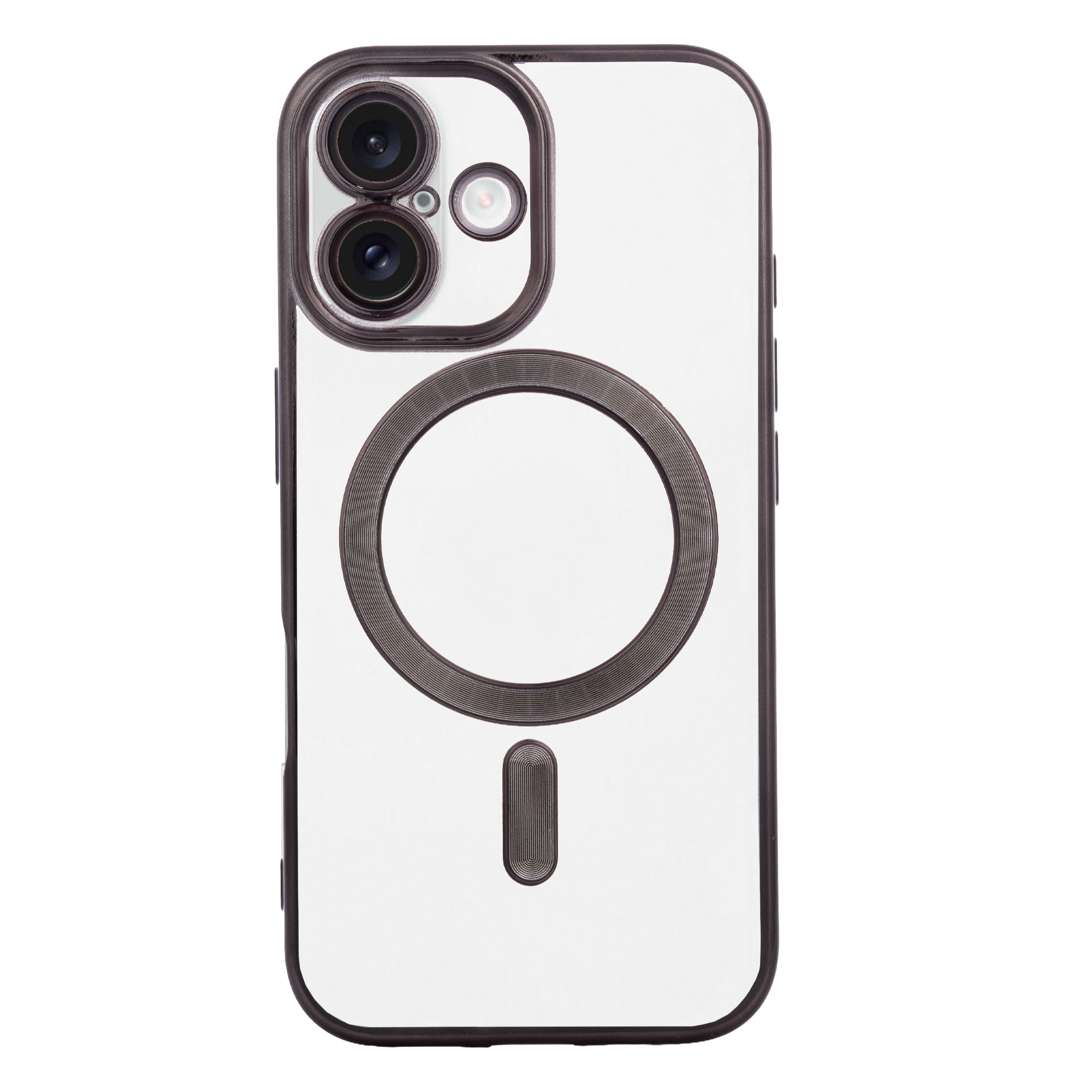 Carcasa transparente con cámara cubierta, bordes negros, antichoque y antihuellas. Magsafe para iPhone 16.