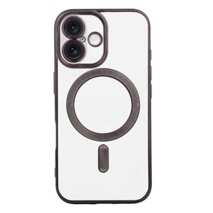 Carcasa transparente con cámara cubierta, bordes negros, antichoque y antihuellas. Magsafe para iPhone 16.