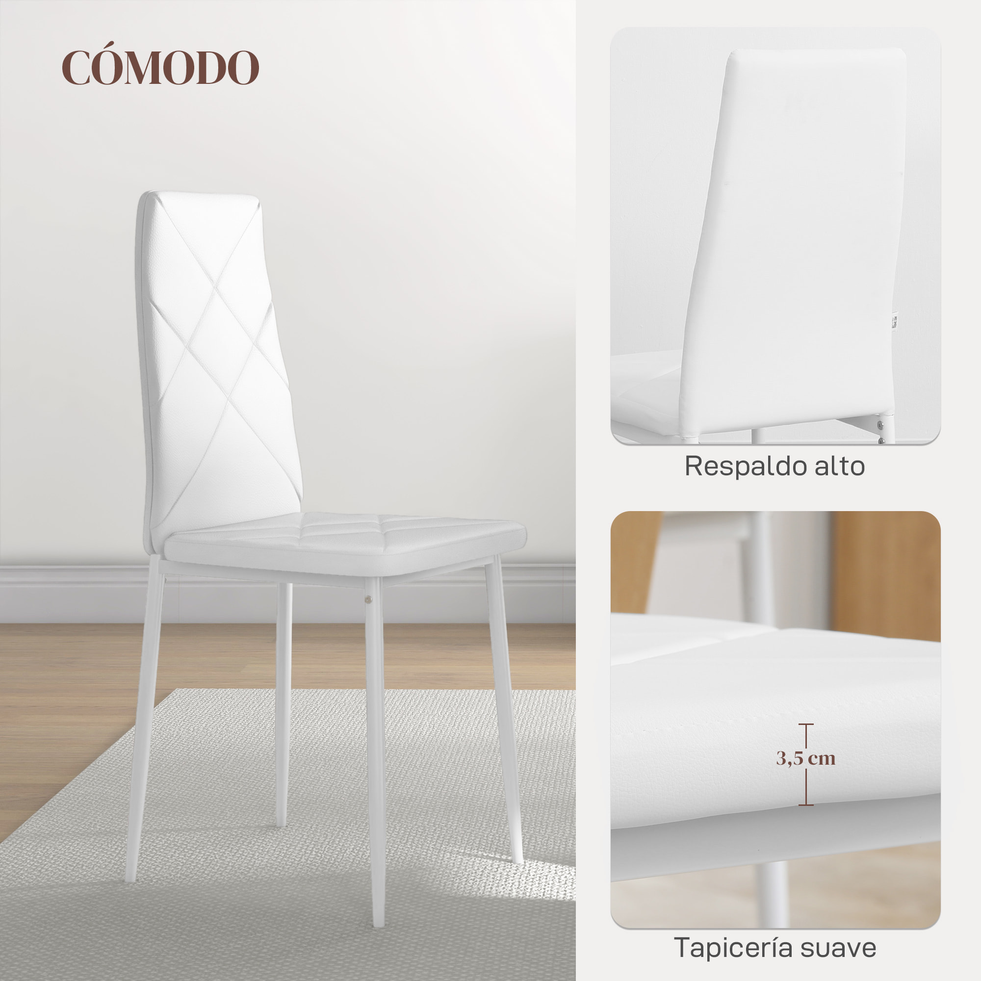 Pack de 6 Sillas de Comedor, Sillas de Cocina Modernas, Tapizadas de Cuero Sintético, Respaldo Alto, Asiento Acolchado, Patas de Acero, Blanco