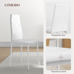 Pack de 6 Sillas de Comedor, Sillas de Cocina Modernas, Tapizadas de Cuero Sintético, Respaldo Alto, Asiento Acolchado, Patas de Acero, Blanco