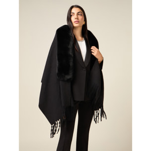 Oltre - Poncho con flecos y borde de peluche - Negro