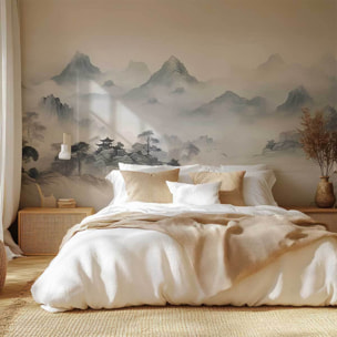 Papier peint paysage montagne brume asiatique aquarelle zen Intissé