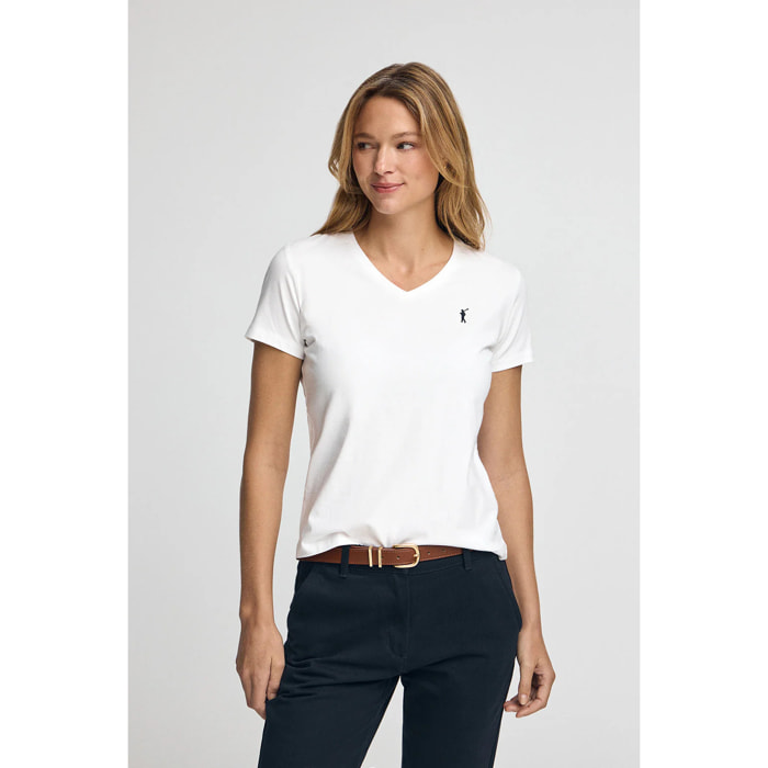 Camiseta blanca de manga corta y cuello pico con logo Rigby go