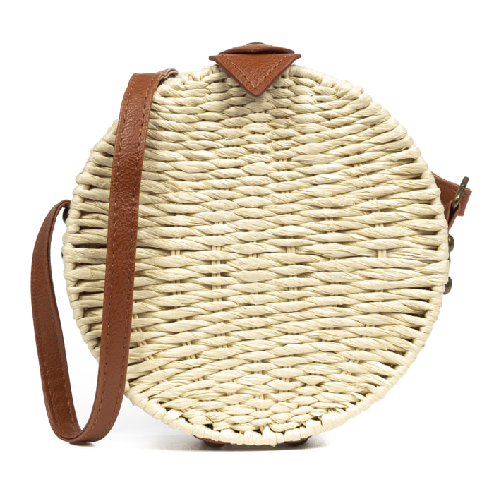 IRIA QUINTANA Borsa a tracolla da donna Cuneo. Tessuto Paglia Pelle Sintetica PU 18x4x18 Cm. Colore bianco