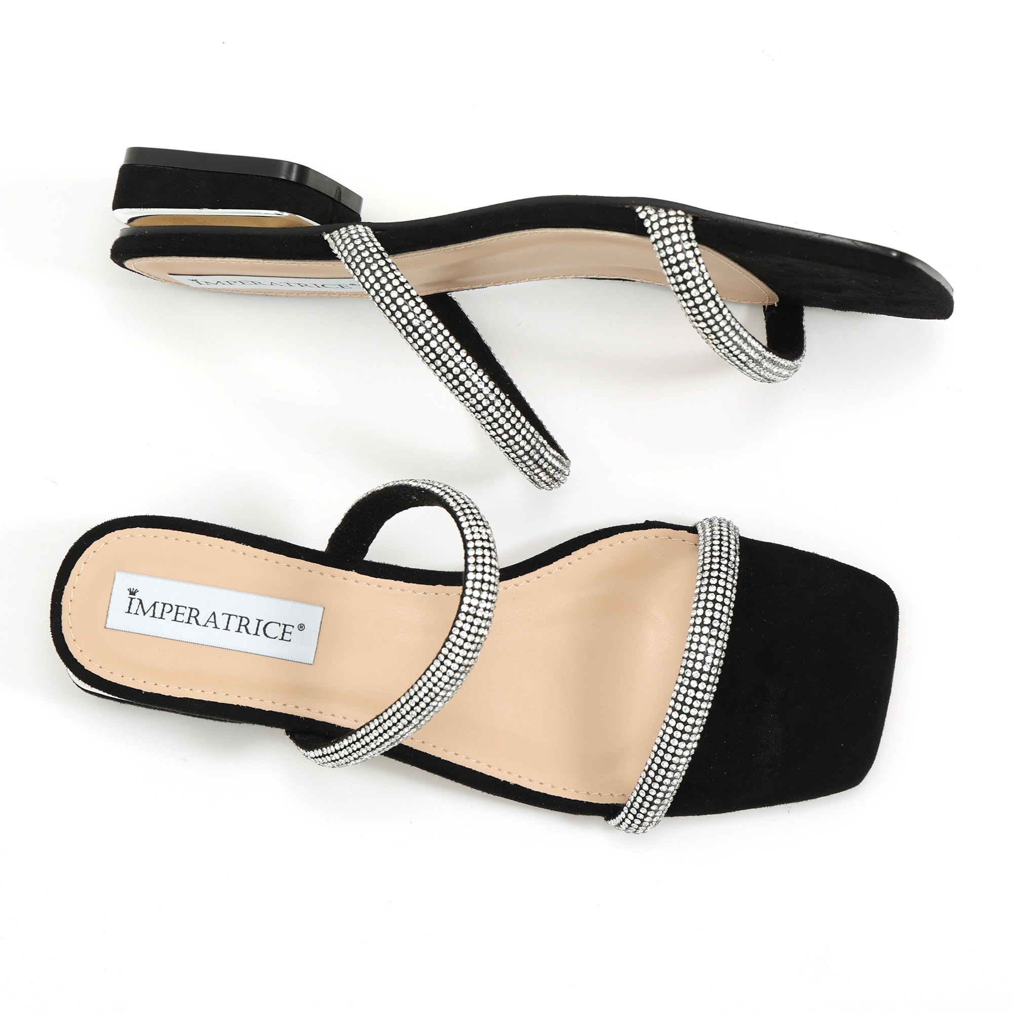 Sandali bassi in simil camoscio con fasce ricoperte di strass