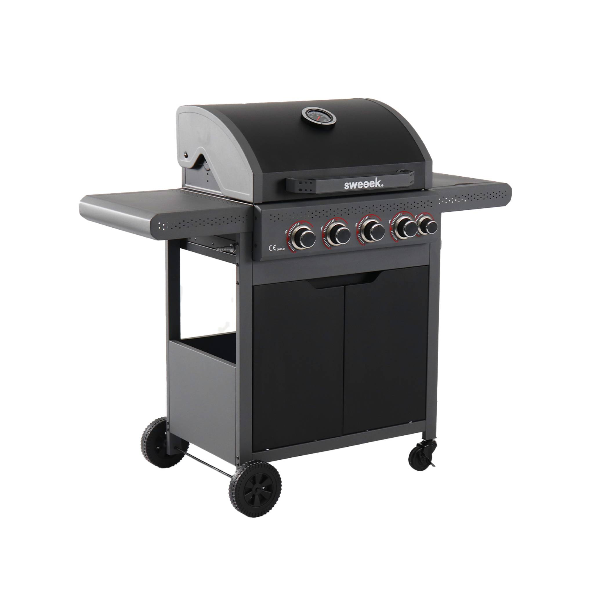 Barbecue au gaz Edmond noir. 4 brûleurs + 1 feu latéral. avec thermomètre. L 122x P62 x H143 cm