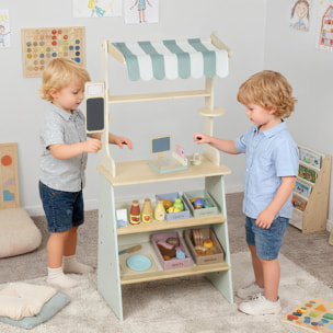 AIYAPLAY Supermercado de Juguete de Madera, Caja Registradora con Escáner y Tarjeta, Puesto de Mercado Infantil con Pizarra, Cajas, Toldo y Accesorios, Regalo para Niños de +3 Años, Verde