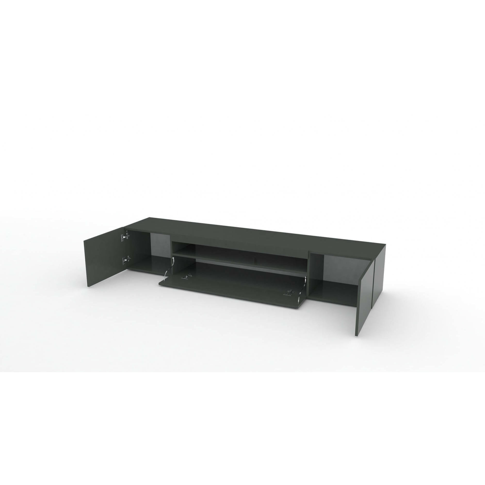 Mobile porta TV Amore, Credenza bassa da soggiorno a 3 ante, Base porta televisione, 100% Made in Italy, cm 200x40h37, Antracite lucido, con luce LED