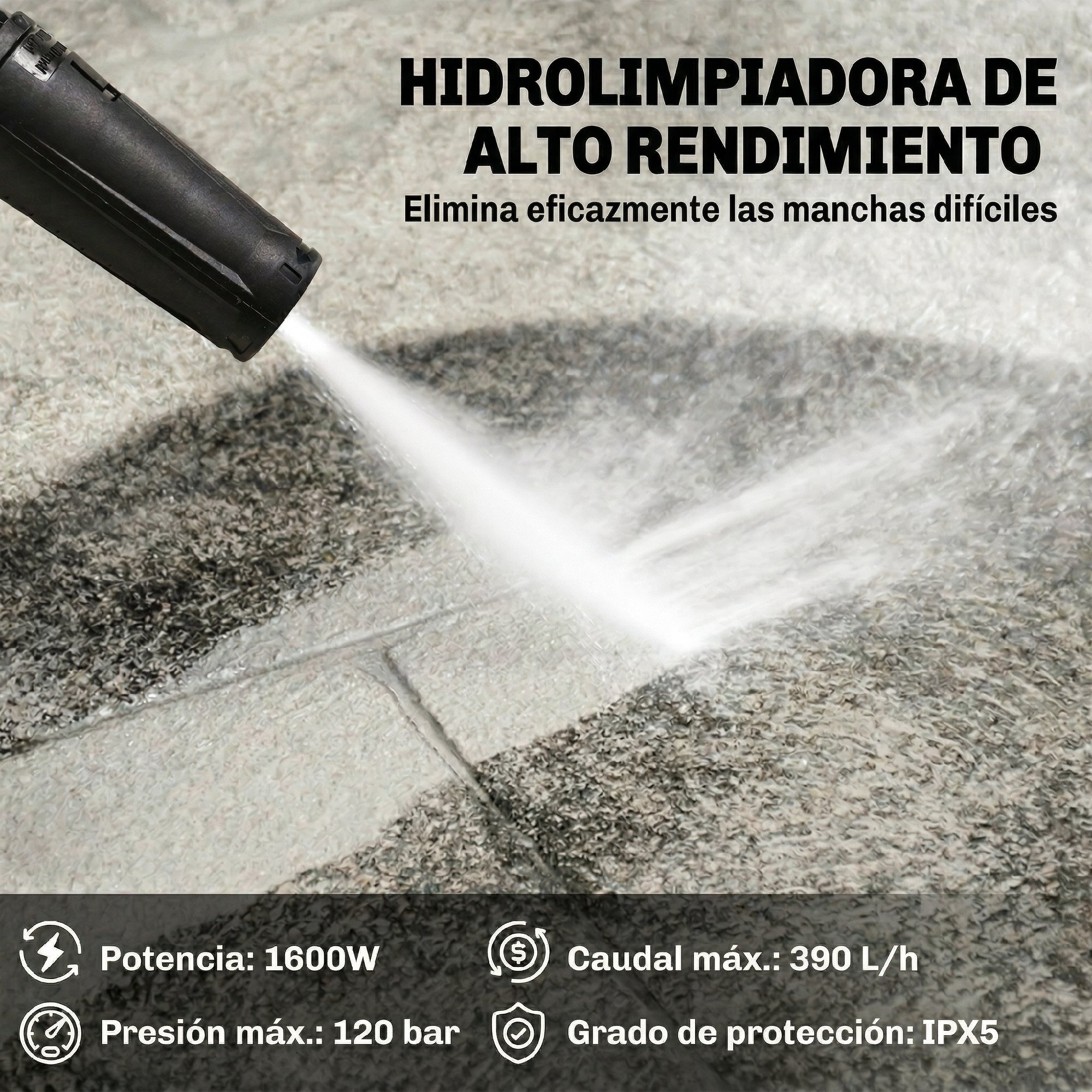 Hidrolimpiadora de Alta Presión 1600W, Presión 120 Bar, Caudal 390 L/h, con Bomba de Aluminio, Parada Automática, Manguera 3 m, Boquilla Ajustable, Ruedas para Hogar, Jardín, Coche, Amarillo