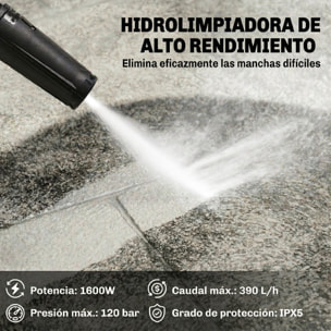 Hidrolimpiadora de Alta Presión 1600W, Presión 120 Bar, Caudal 390 L/h, con Bomba de Aluminio, Parada Automática, Manguera 3 m, Boquilla Ajustable, Ruedas para Hogar, Jardín, Coche, Amarillo