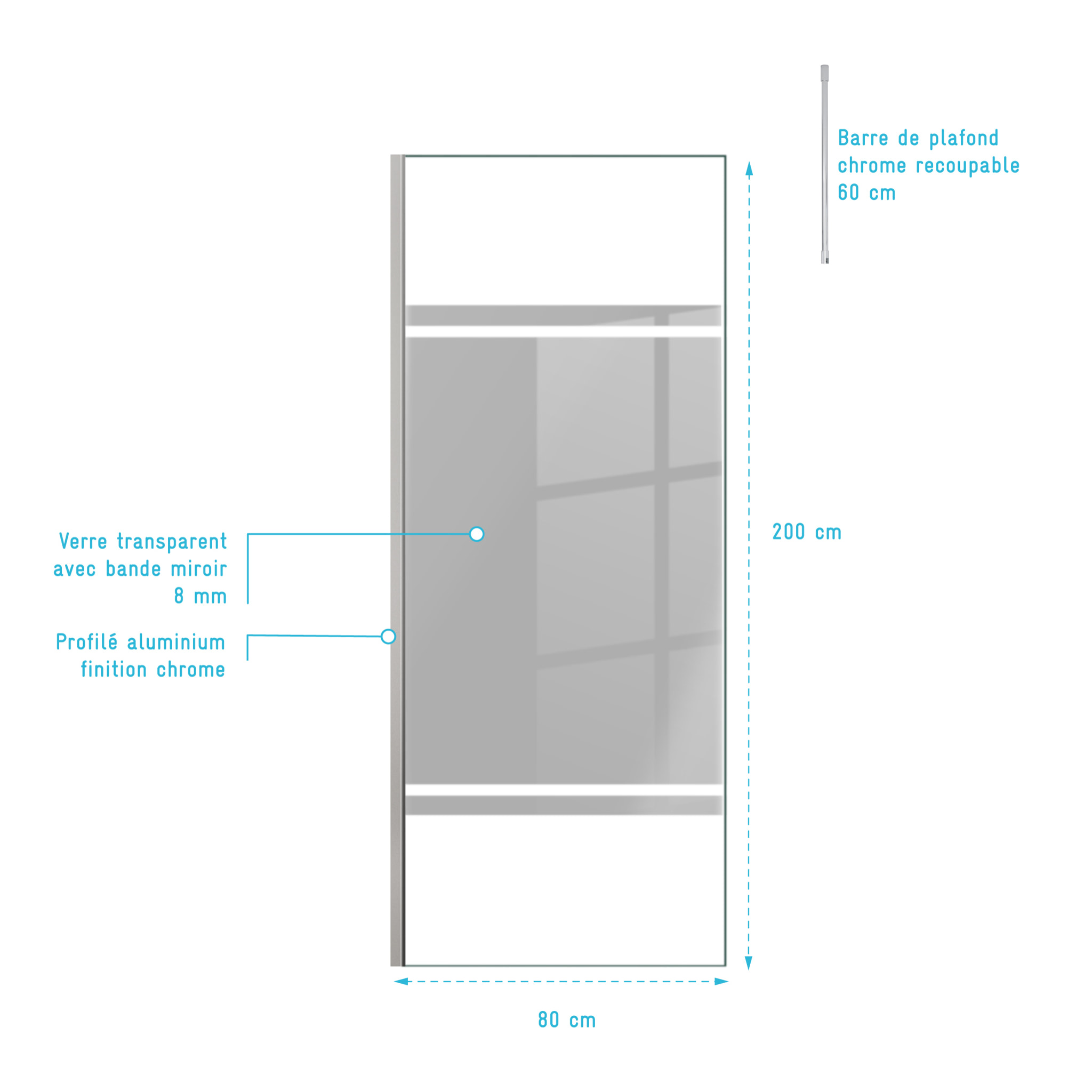 Paroi de Douche 80x200cm Miroir - Profilé + Barre Plafond Finition Chrome - FREEDOM 2 MIRROR