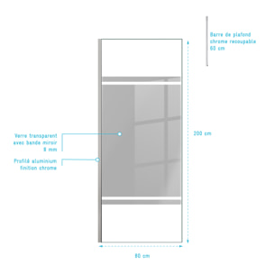 Paroi de Douche 80x200cm Miroir - Profilé + Barre Plafond Finition Chrome - FREEDOM 2 MIRROR
