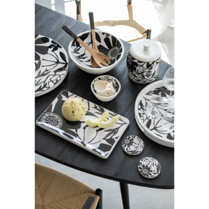 J-Line plateau Rond Avec Des Poignées Motif Floral - bois - noir/blanc