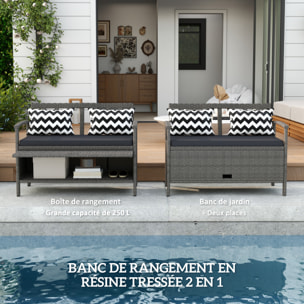 Banc coffre de jardin 2 places - rangement 160L - matelas, 2 coussins - résine tressée effet rotin gris