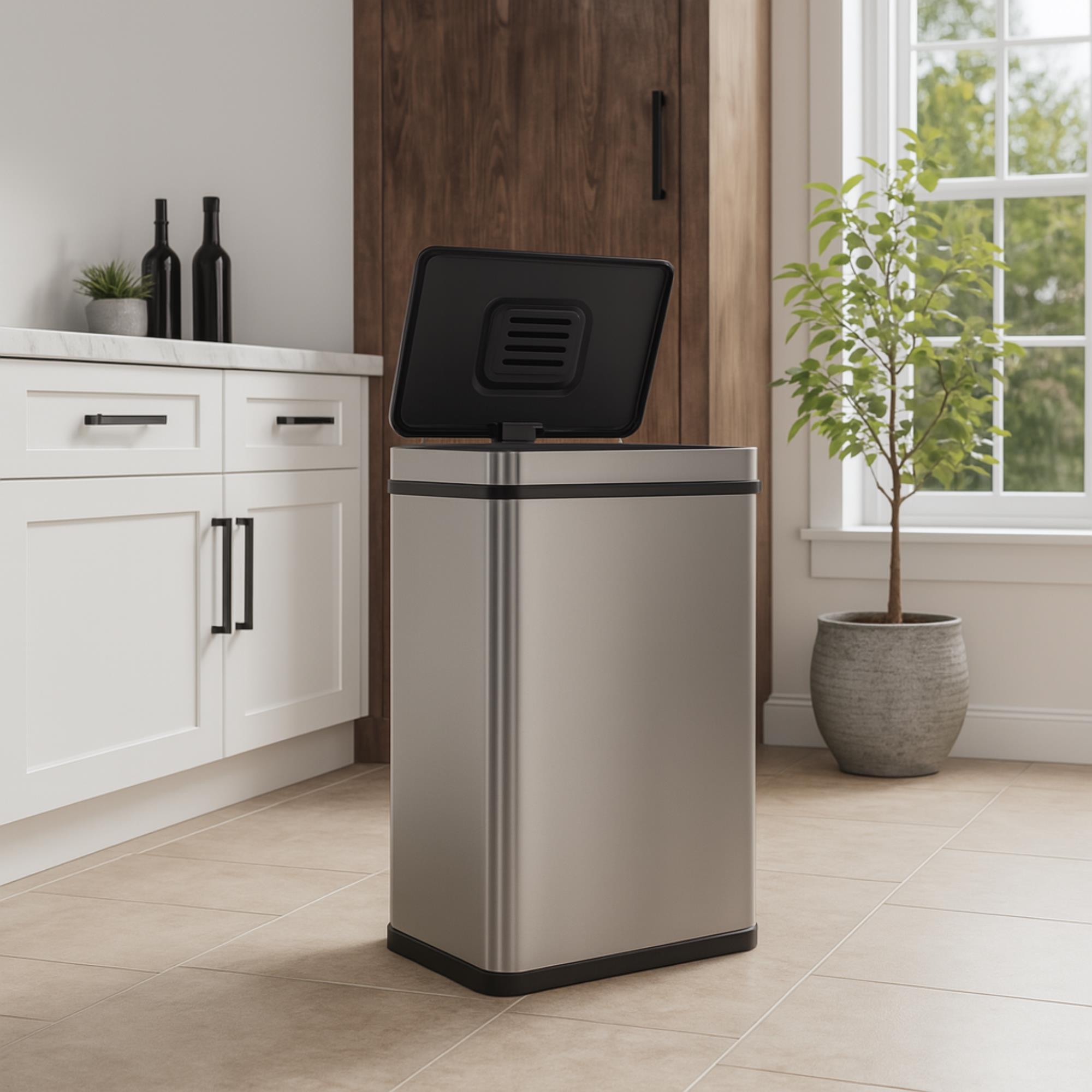 Cubo de basura de color metálico en acero inoxidable con sensor automático y filtro antiolor.