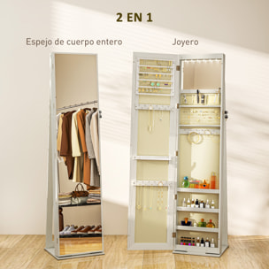 Espejo Joyero de Pie Armario Joyero con Luces LED y Cerradura Armario de Joyas con Espejo Integrada para Dormitorio Blanco con Veta de Madera