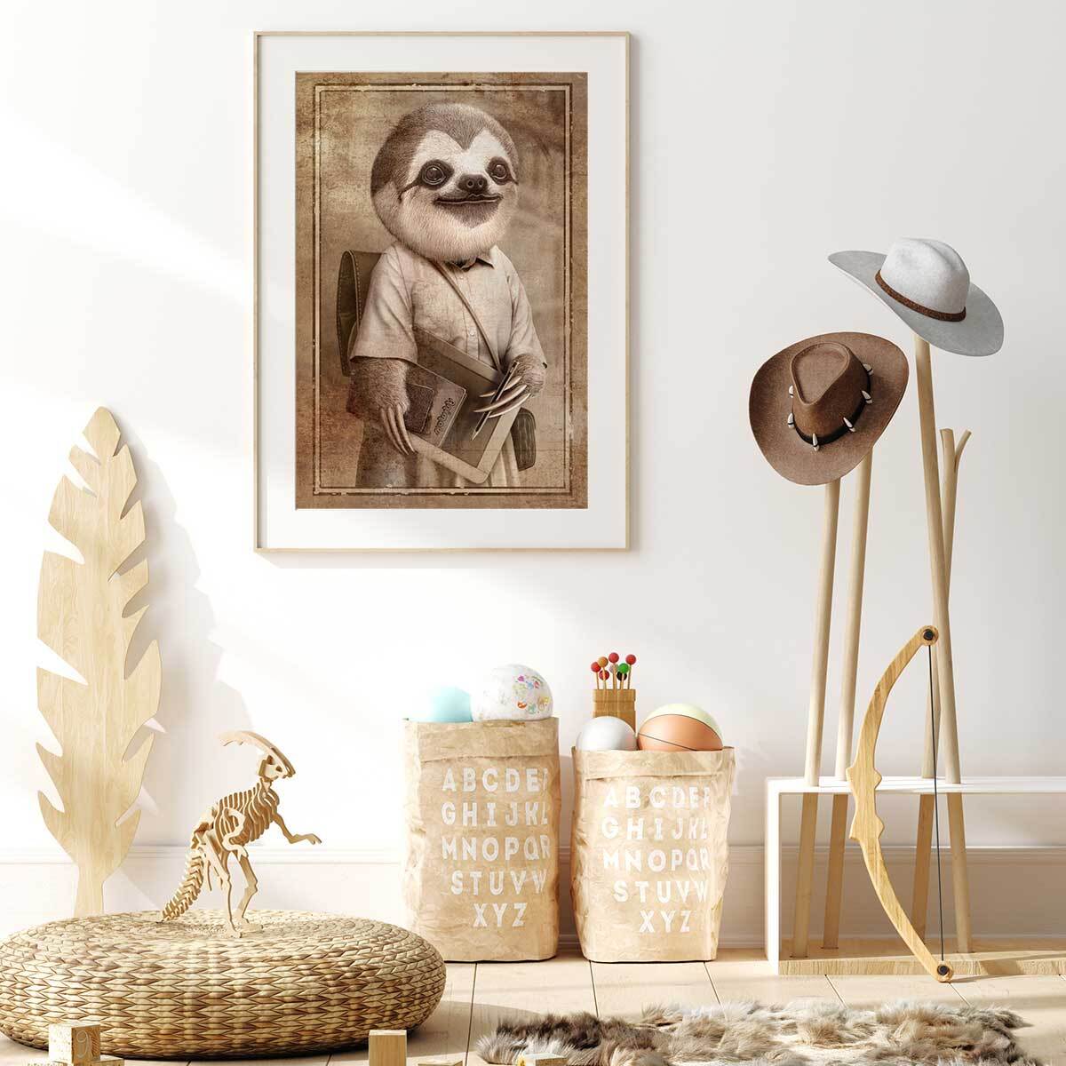 Affiche enfant paresseux étudiant  Affiche + cadre en bois - Chêne