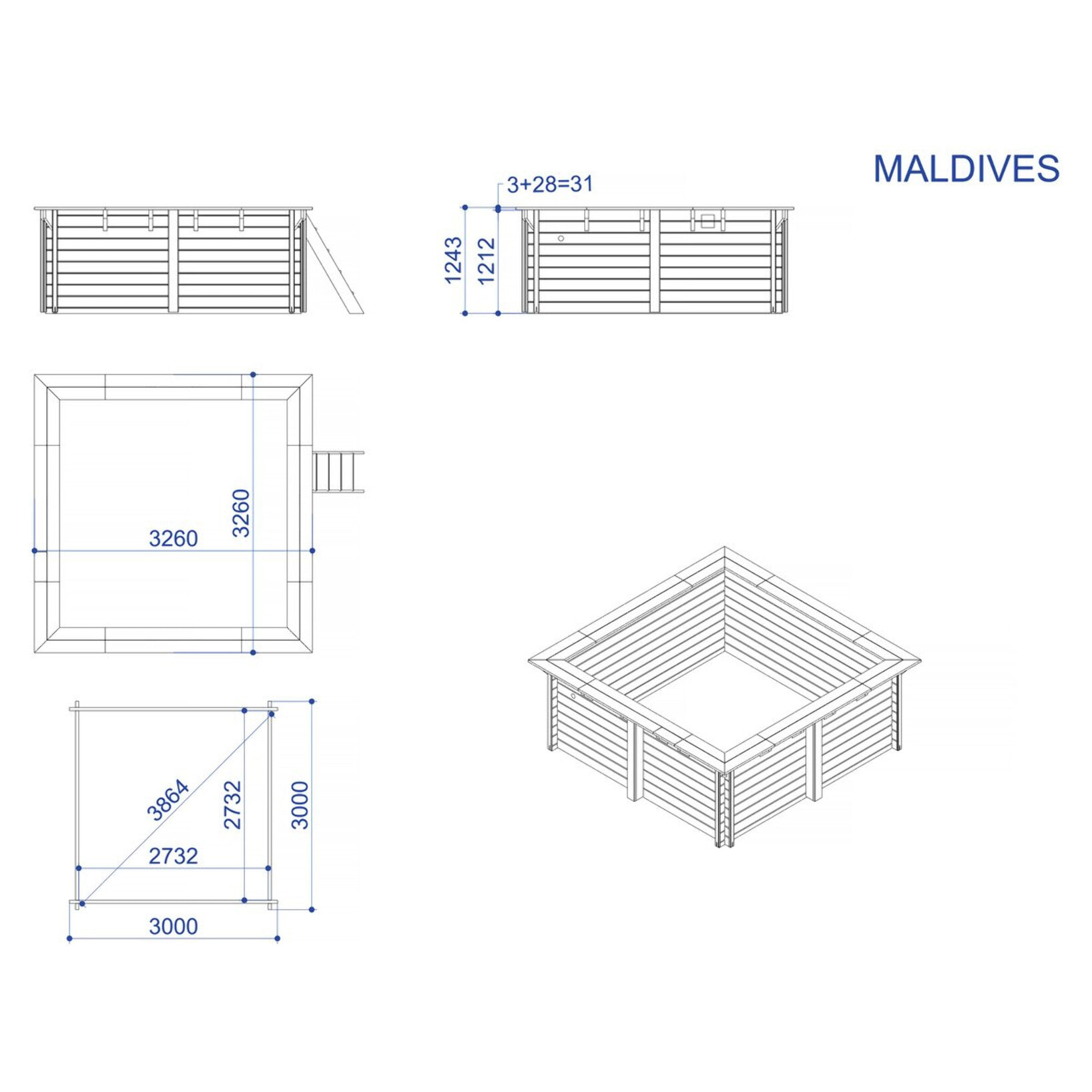 Piscine bois rectangle " Maldives  " - 3.20 x 3.20 x 1.24  m + Bâche à bulles 180 µ - Bâche hiver 280 g/m²