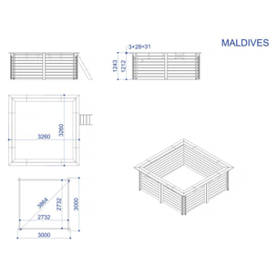 Piscine bois rectangle " Maldives  " - 3.20 x 3.20 x 1.24  m + Bâche à bulles 180 µ - Bâche hiver 280 g/m²