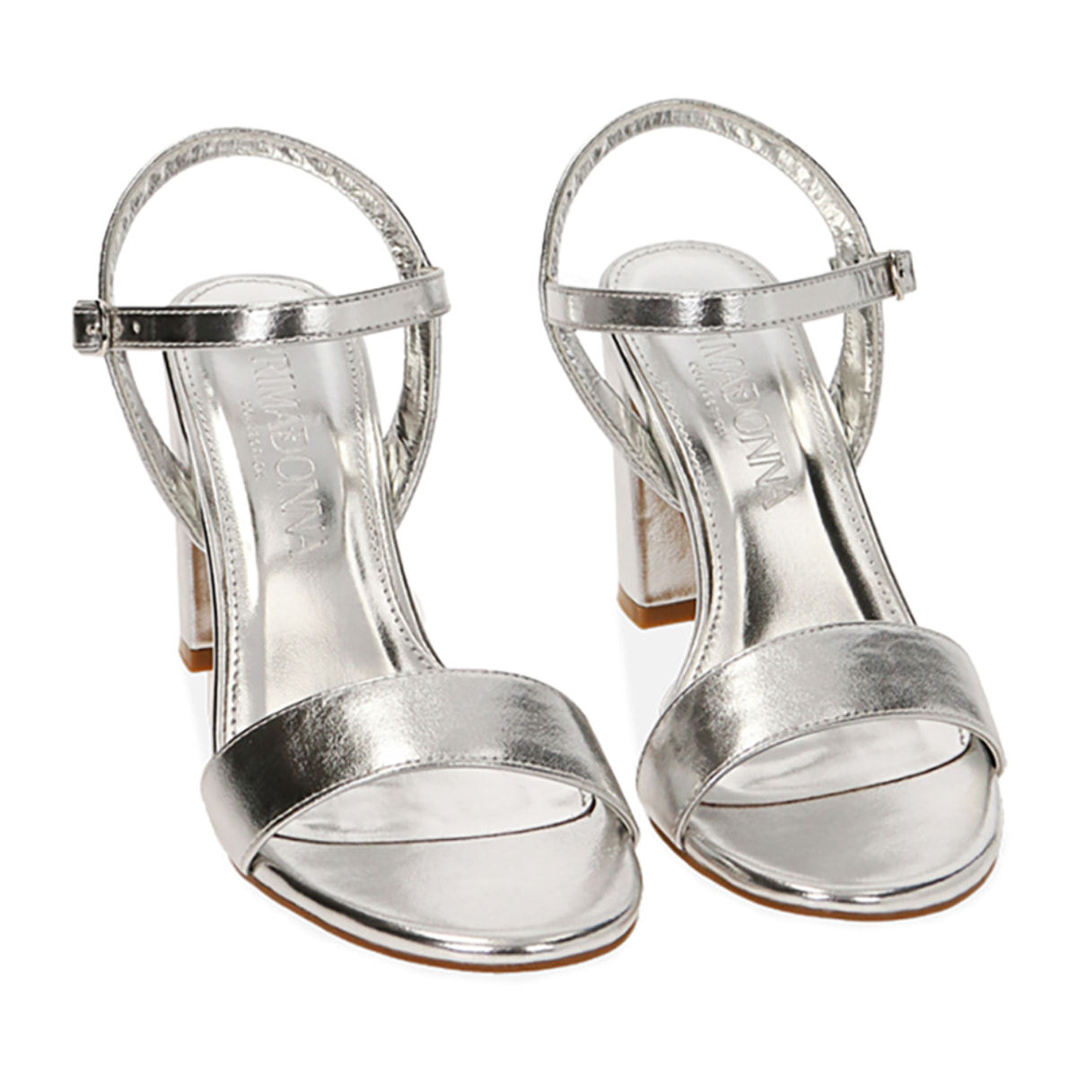Sandali argento laminato, tacco 8 cm