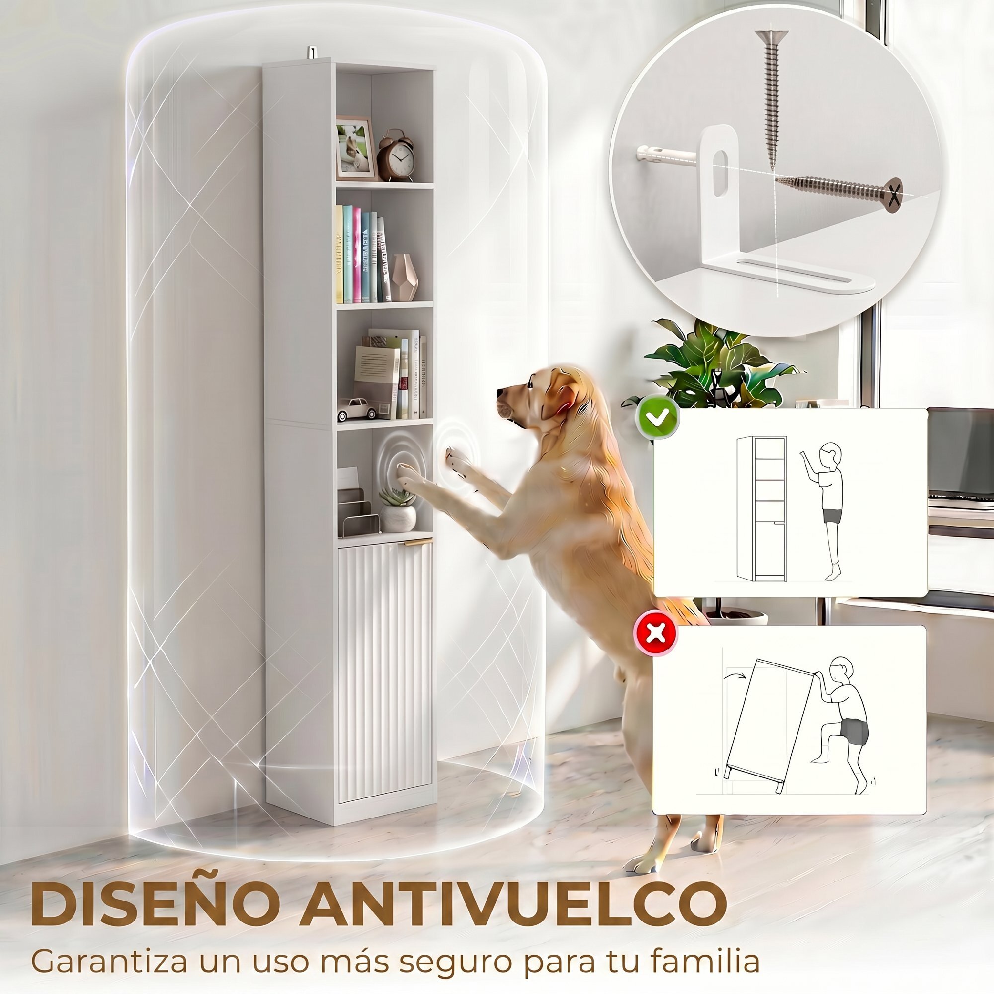 HOMCOM Estantería para Libros de 6 Niveles, Librería Alta y Estrecha con 4 Estantes Abiertos, Puerta y Estante Ajustable, Armario para Salón, Estudio, Oficina, 30x24x182 cm, Blanco