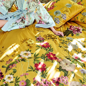 Housse de couette satin de coton imprimé jaune Mesanges curry