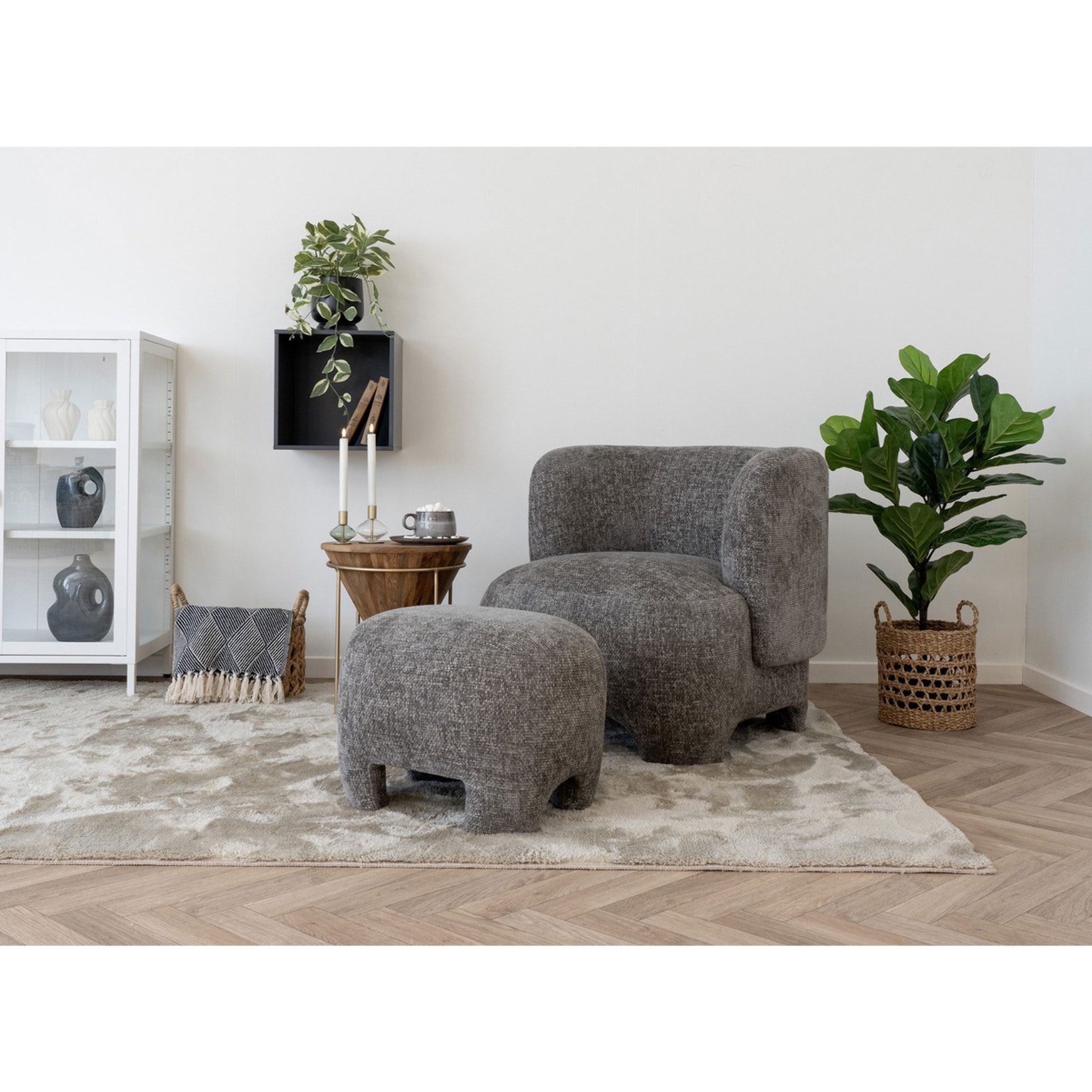 Nazare - Pouf imbottito in tessuto grigio 53x41x38 cm