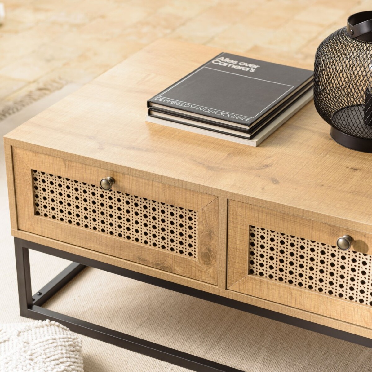 CHARLIE - Table basse marron 4 tiroirs effet cannage pieds métal noir