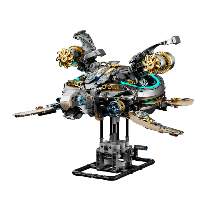 Maqueta 3D mecanizada de tortuga con 1277 piezas, equipada con luces y mecanismo de manivela que permite movimiento dinámico.