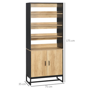 Buffet haut multi-rangement 2 portes total 5 étagères piètement acier noir panneaux aspect bois clair