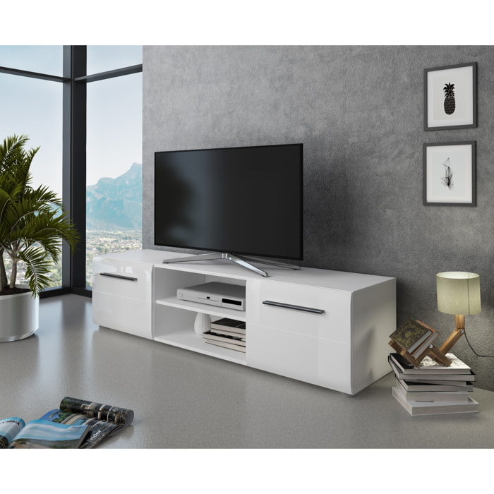 Mobile Porta TV Con Maniglie Nere Con 2 Ante E 2 Ripiani Aperti Design Moderno per Soggiorno Adatto A TV fino a 65 Pollici 160 x 40 x 39,6 Cm Bianco