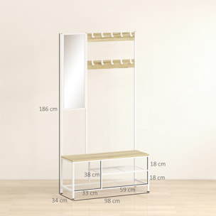 Perchero Zapatero con Espejo, Perchero Entrada Recibidor 4 en 1 con 3 Estantes, Banco, 10 Ganchos Ajustables, Estilo Moderno, para Pasillo, Dormitorio, Salón, 98x34x186 cm, Madera Natural