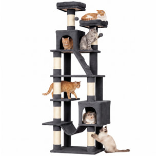 Árbol Rascador para Gatos 204 cm, Torre para Gatos Multinivel con 2 Cuevas, 2 Camas, Hamaca, Postes de Sisal, Escalera, 2 Bolas Colgantes, Tela de Felpa, para 1-3, Gris Oscuro