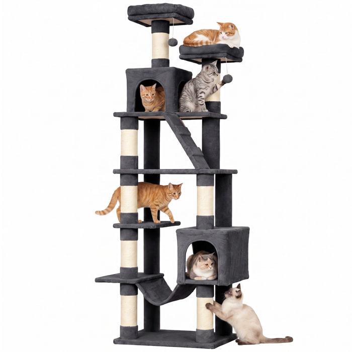 Árbol Rascador para Gatos 204 cm, Torre para Gatos Multinivel con 2 Cuevas, 2 Camas, Hamaca, Postes de Sisal, Escalera, 2 Bolas Colgantes, Tela de Felpa, para 1-3, Gris Oscuro