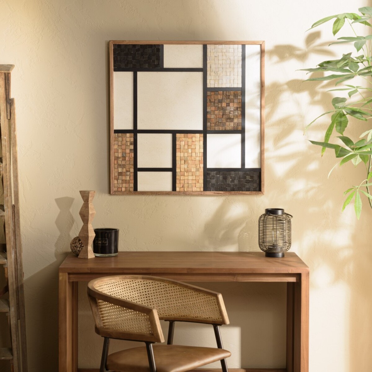 SANDY - Décoration murale 82x82cm mosaïque tricolore bois Pin recyclé