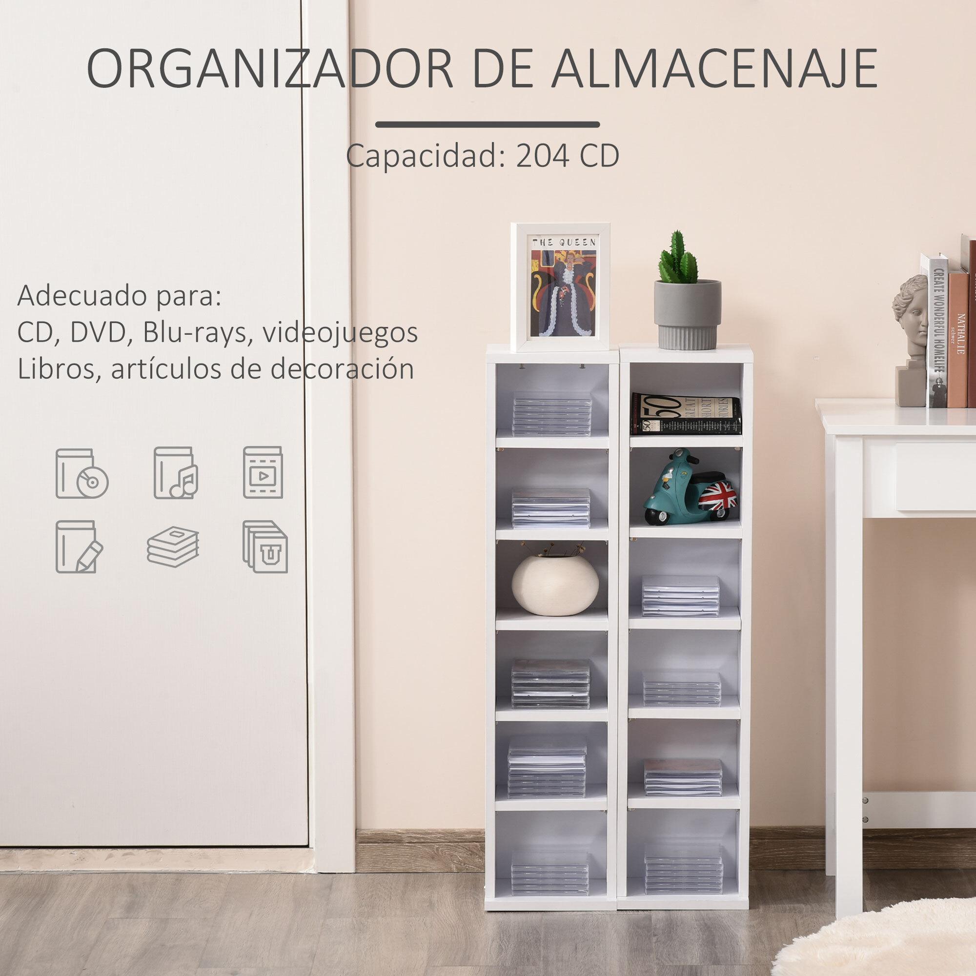 Estantería para CD o DVD Soporte para CD con 12 Compartimientos para 204 CD's y Estante Ajustable para Salón Dormitorio Oficina 2 Unidades 21x22.5x88,5 cm Blanco