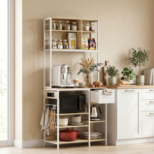 Estantería de Cocina con Enchufes y Puertos USB, Mueble Auxiliar de Cocina, Soporte de Microondas, 8 Estantes, 6 Ganchos, Cajón de Tela, para Espacios Reducidos, 80x40x181 cm, Roble