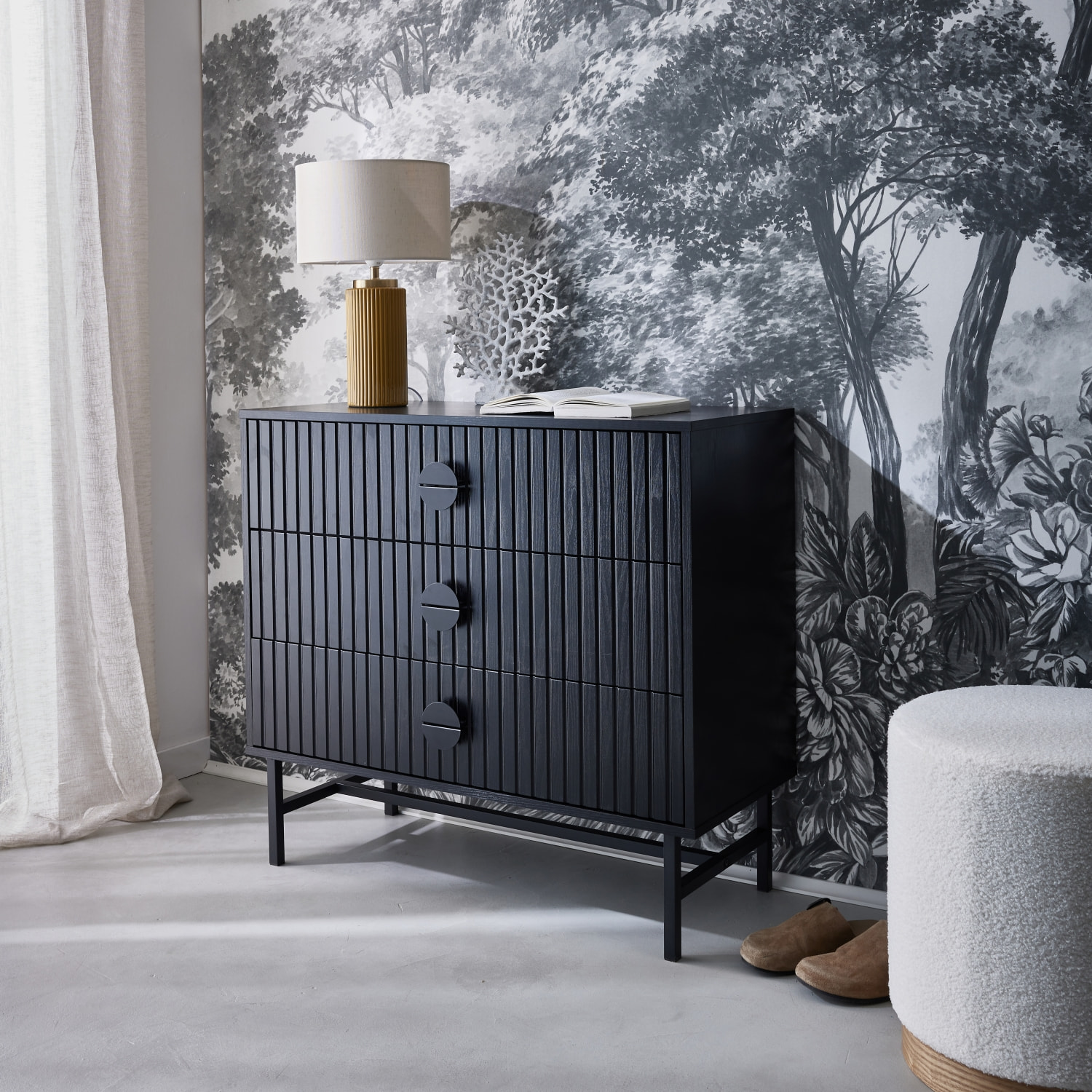 Commode décor bois rainuré 3 tiroirs BAZALT